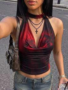 SHEIN ICON Y2k 夏季外出俱乐部音乐会黑红西部嬉皮花卉女式扎染网眼印花吊带背心 - 彩色 - 查看 1