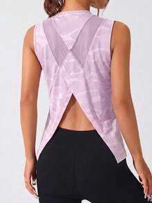 SHEIN Sovereign Charm 女款運動瑜伽戶外健身無袖寬版背心上衣 X交叉網眼露背設計 倒V下擺 - 粉色 - 查看 7