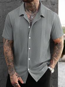 SLATEMANN Men's Plus Size Solid Color Knitted Textured Jacquard Short Sleeve Shirt - Grey - View 7