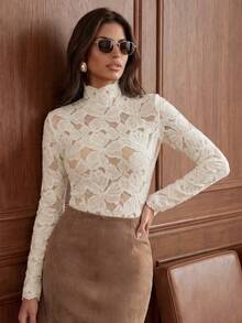 Anewsta Elegant, Fashionable, Sexy & Versatile Fitted Sheer Lace Long Sleeve Base Layer Top, Autumn/Winter - Apricot - View 5