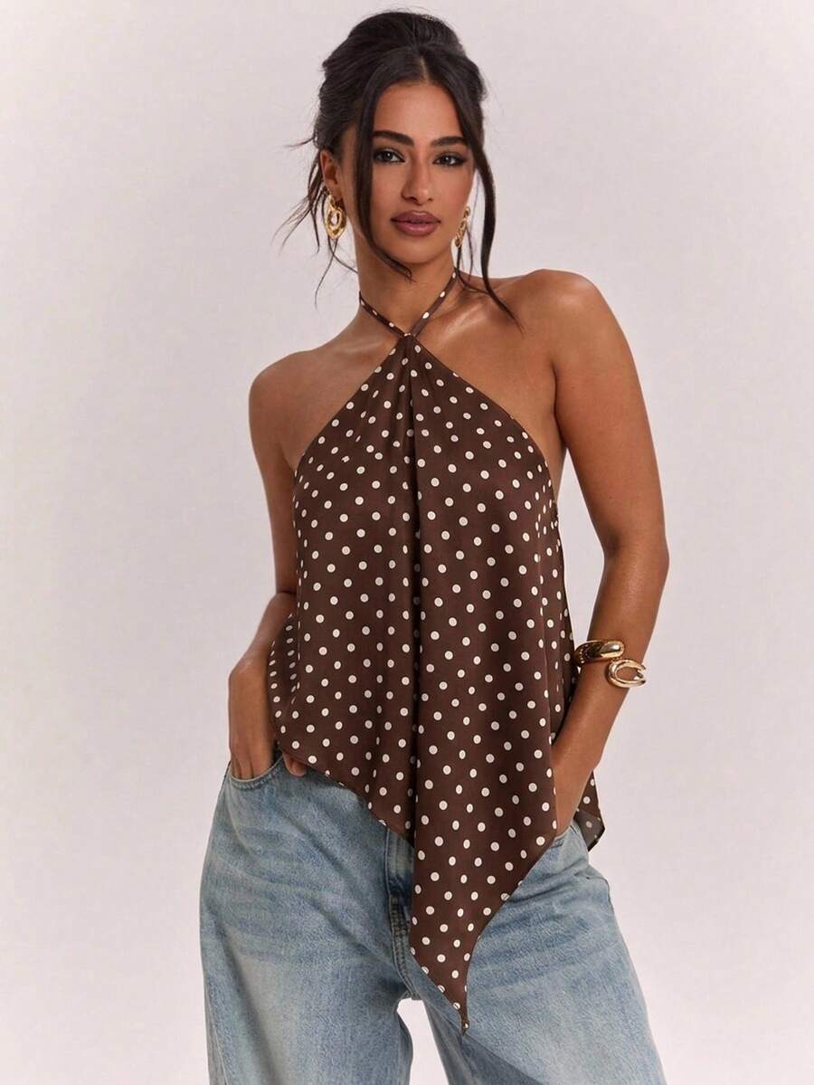 SHEIN BAE 女款不對稱下擺掛脖休閒極簡度假波希米亞優雅浪漫復古棕色圓點印花背心,女款通勤穿搭、音樂節、海灘穿搭、度假穿搭、夏季穿搭 - 彩色 - 查看 1