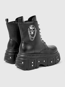 Sugerpunk Women Heeled Sandals Platform Punk Boots Skull Rivet Chain Dark Pu Platform Locomotive Booties Fall Shoes - Black - View 6