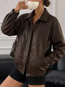 DAZY Women's Fashionable Versatile Casual Jacket, Autumn Leather Jacket School Cute Tops - Brown - View 5