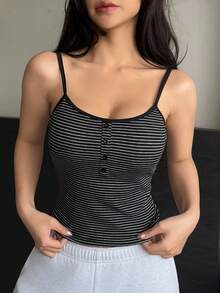 DAZY Striped Fake Collar Padded Cami Top Crop Women Tops - Black - View 5