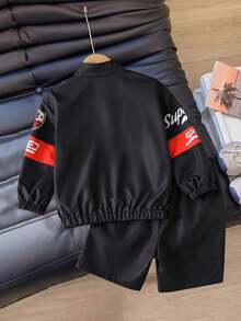 SHEIN Coolqubz 小男孩字母印花長袖拉鍊外套與短褲休閒套裝，秋季花童穿搭 - 彩色 - 查看 2