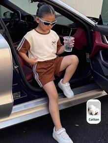 SHEIN 兒童青少年女孩針織拼色圓領休閒T恤與短褲2件套 - 彩色 - 查看 3