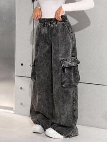 SHEIN Quần ống rộng ống rộng cạp rút dây thời trang cổ điển Y2K cho bé gái tuổi teen Quần jeans ống rộng cho mùa đông - màu đen - Xem 5
