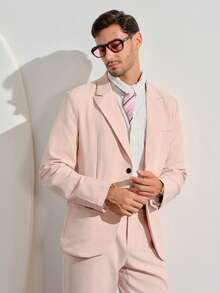 VeloEdit Men's Solid Color Lapel Neck Long Sleeve Suit Jacket And Trousers Business Casual 2 Pieces Set, Spring And Autumn WeddingFall Winter Formal Commute‌ Old Money - Pink - View 3