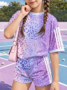 亮麗彩色豹紋青少年女孩休閒簡約短袖上衣與短褲兩件套，適合夏季日常、時尚夏日、運動、校園、度假風、返校季 - 彩色 - 查看 3