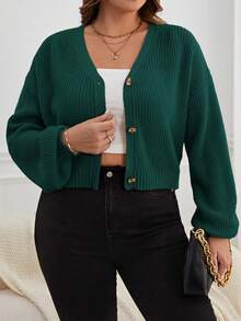 SHEIN Essnce Cardigan de manga larga con botones de color liso casual para tallas grandes en otoño/invierno - Verde Oscuro - Ver 1