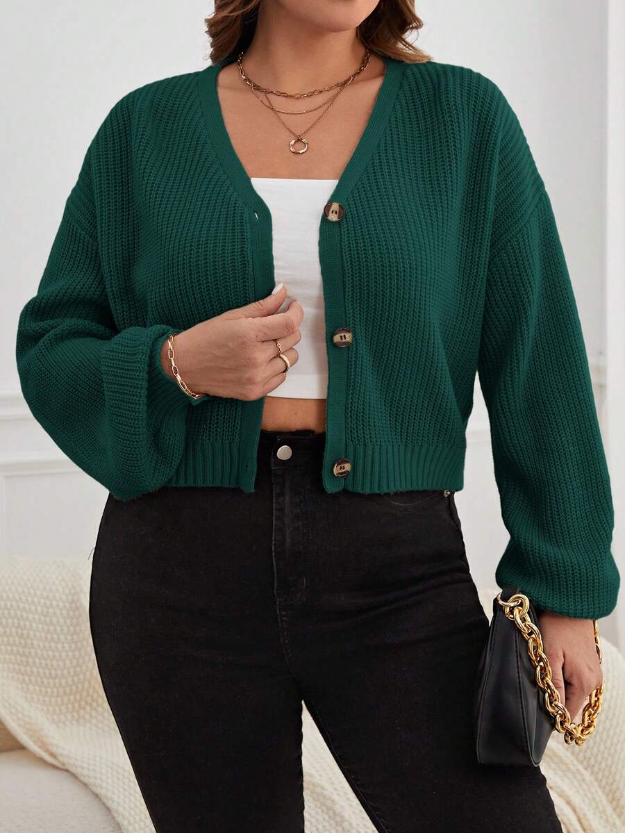 SHEIN Essnce Cardigan de manga larga con botones de color liso casual para tallas grandes en otoño/invierno - Verde Oscuro - Ver 1