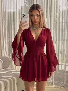 SHEIN ICON Váy ngắn tay chuông màu trơn thanh lịch dành cho nữ - Màu Đỏ Sâu - Xem 1