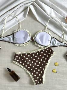 Swim Mod Young Girl Polka Dot Print Padded Ruched Tankini Top & High Waist Ruffle Trim Triangle Bottoms Swimwear Set - Multicolor - View 2