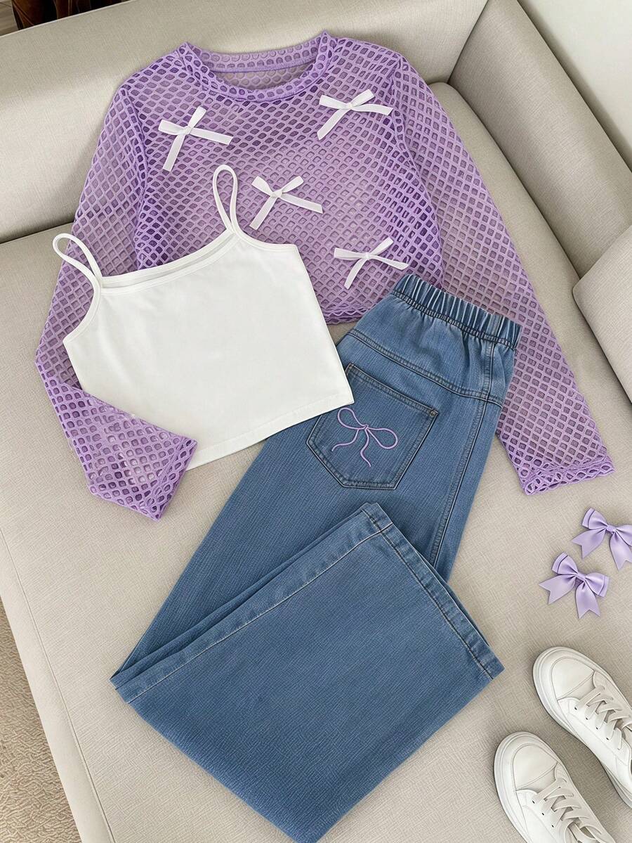SHEIN Tween Girls Taro Color Mesh Top + Camisole + Bow Embroidery Jeans Set, Fall Outfits, Fall Tops, Fall, T-Shirt, Sweatpants