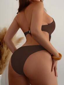 Swim SXY Solid Color Deep V-Neck Fitted Hollow Out Backless One-Piece Swimsuit For Women Bathing Suit One Piece Swimsuit - Coffee Brown - View 2