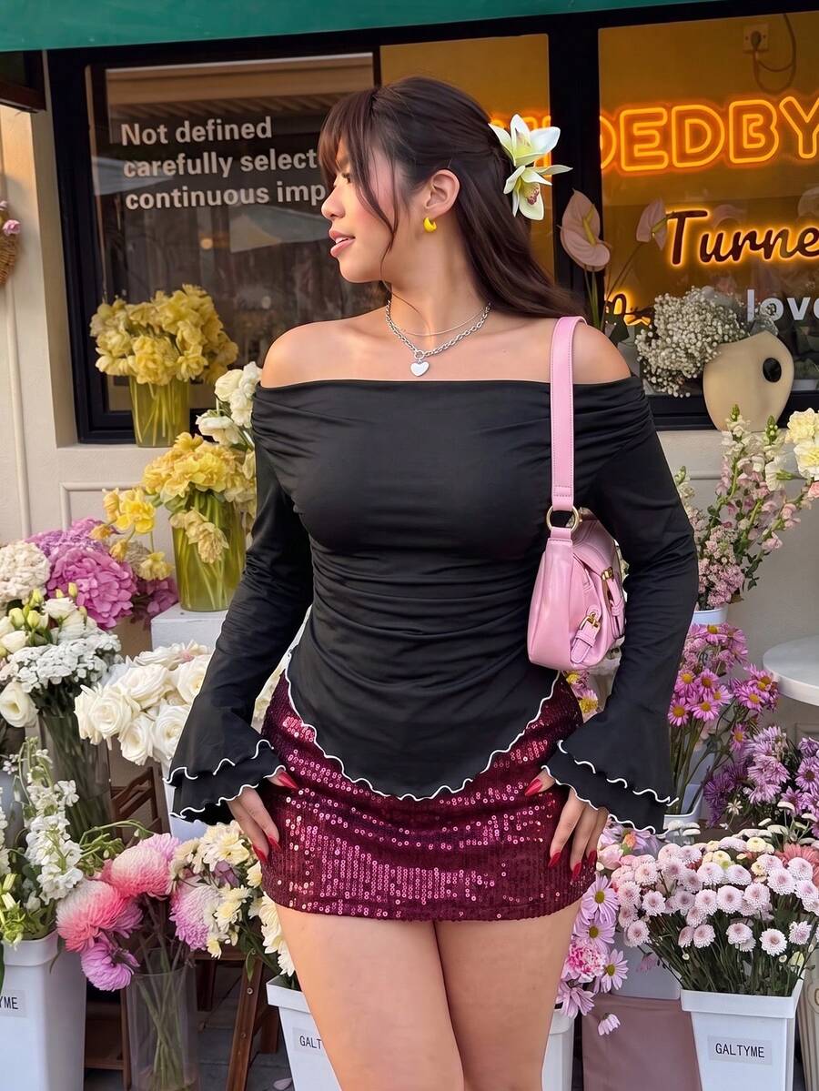 GalTyme 大尺碼女款露肩拼色百褶休閒百搭日常穿搭T恤 - 黑色 - 查看 1
