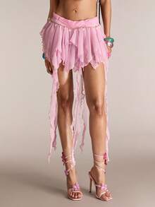 ACID BLVD Spring/Summer Valentine's Day Women's Vintage Mermaid Sexy Jellyfish Flowy Band Shell Pendant Asymmetrical Hem Skirt - Pink - View 7