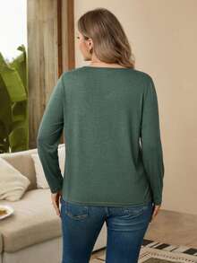 EMERY ROSE Plus Size Casual Versatile Long Sleeve T-Shirt, Autumn - Dark Green - View 2