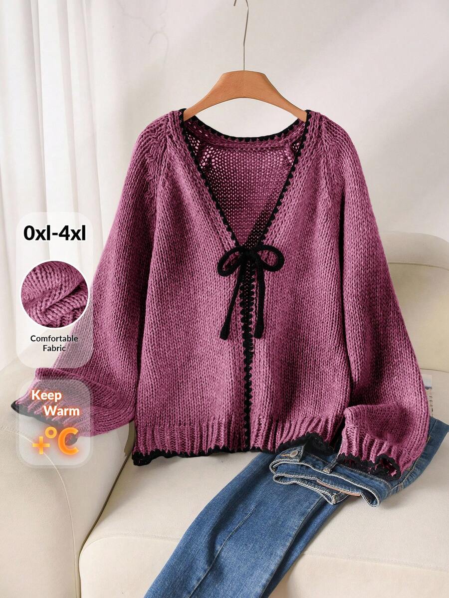 CosyJoli Plus Size Casual Purple Sweater With Tie Bow Contrast Trim Cardigan/Winter - Burgundy - View 1