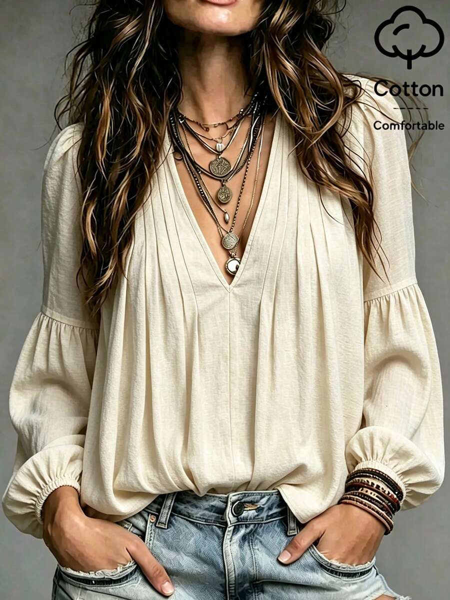 SHEIN Cream White Washed Textured Fabric Deep V-Neckline Double-Sided Multi-Pleated Shoulder Micro-Petal Sleeve Patchwork Ruched Loose Lantern Mid-Sleeve A-Line Flared Loose Blouse - Apricot - View 1