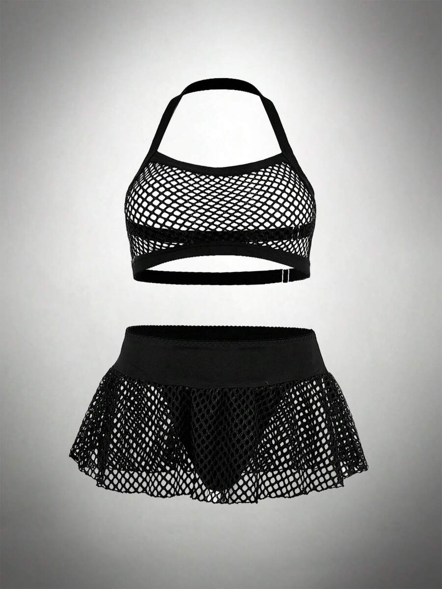 AltCore 3pcs/Set Plus Size Solid Color Hollow Out Sheer Halter Lingerie Set - Black - View 1