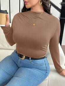 SHEIN Frenchy Plus Size Mock Neck Ruched Slim Fit Tee/Fall/Winter - Khaki - View 6