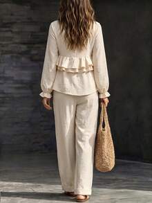 Breezaya Women's Spring Beige Multi-Layered Ruffled Long-Sleeved Top Pants, Autumn Casual Elegant Brunch Tea Party Vacation Two Pieces Set - Apricot - View 2