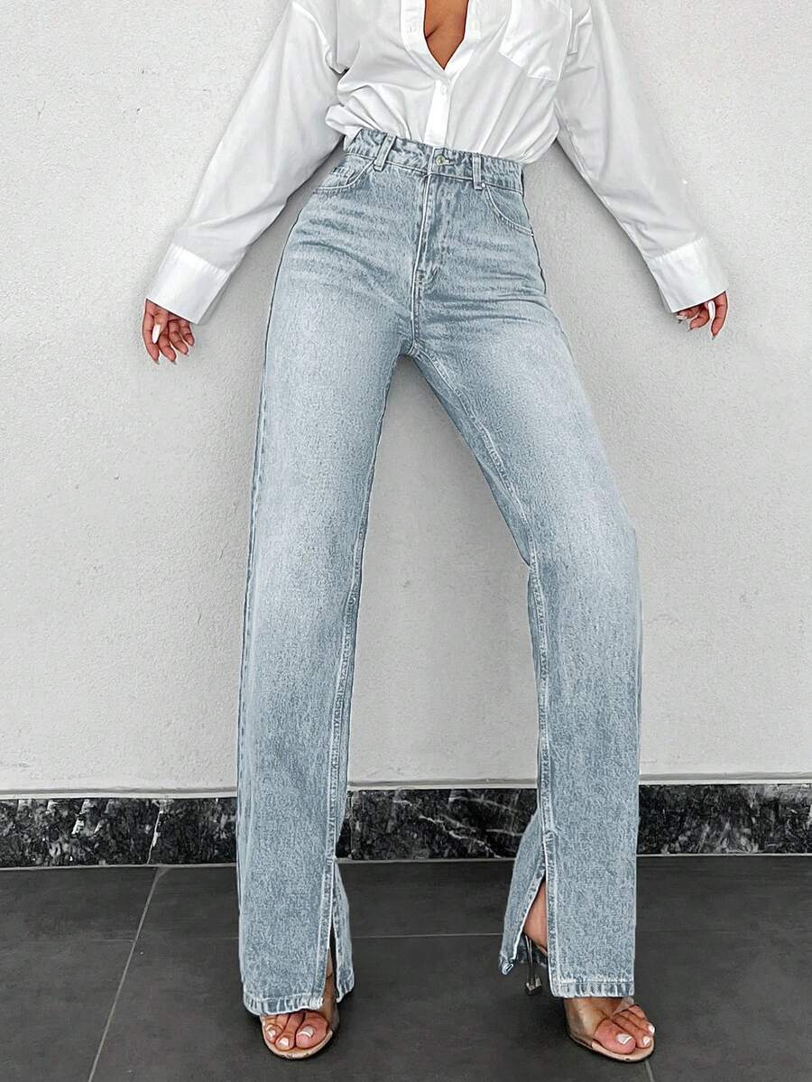 SHEIN Plus High Waist Casual Style Regular Light Blue Wash Button Front Slit Hem Straight Jean - Light Wash - View 1