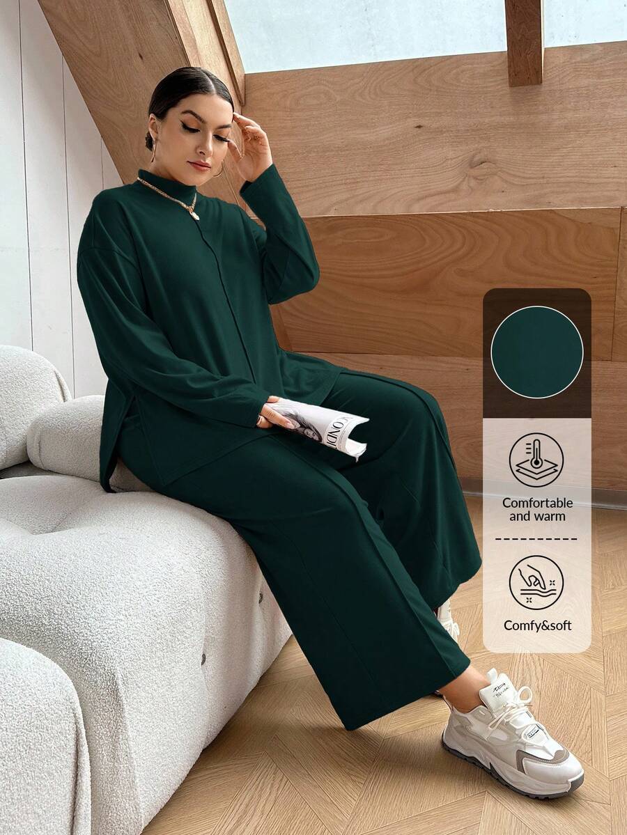 SHEIN Essnce Plus Size Casual Solid Color Side Slit Top And Pants 2 Pieces Set, Autumn Fall - Dark Green - View 1