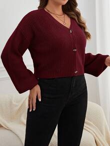 SHEIN Essnce Cardigan Pendek Kasual Ukuran Besar Warna Polos untuk Wanita, Pakaian Musim Gugur dan Musim Dingin - Burgundy - View 3