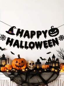 萬聖節橫幅：HAPPY HALLOWEEN 南瓜吊掛橫幅，黑色恐怖派對背景裝飾 - 查看 3
