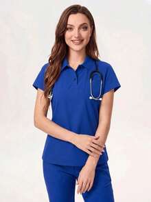 TaskEZ Royal Blue Drop Shoulder Short Sleeve POLO Collar Half-Placket Front Pocket Convenient Comfortable Scrub Uniform Top - Royal Blue - View 3