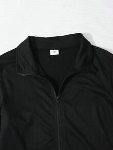 SHEIN Elladie kids Mädchen 2-teiliges lässiges minimalistisches Set, Herbstoutfits, Herbst, schwarze Milchseidenstoff figurbetonende Reißverschlussjacke und elastische Taille schmal geschnittene Leopardenmuster Schlaghose - Schwarz - Übersicht 3
