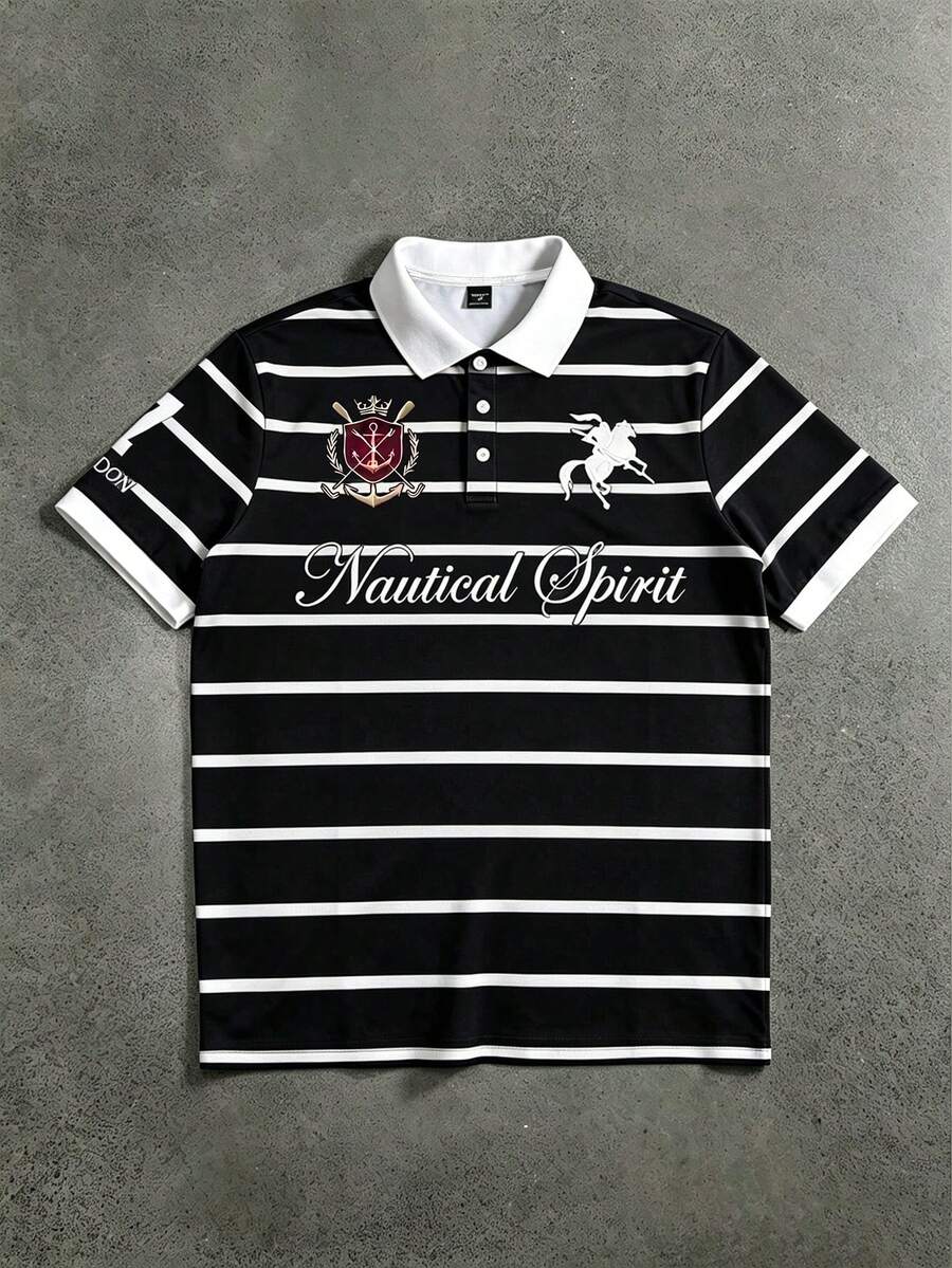 STYNVO 男士夏季休閒條紋短袖 Polo 衫 - 黑色 - 查看 1