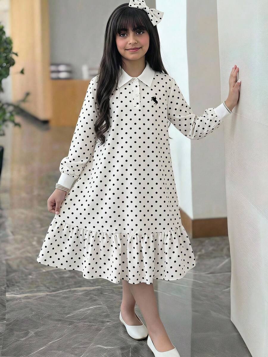 SHEIN Tween女孩對比白POLO領黑白波點Logo印花長袖寬鬆A字洋裝 優雅學院風 - 黑與白 - 查看 1