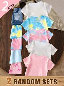 (2 Random Item From 5) Girls' Fashion Fresh Tie-Dye Glitter Bow Flower Lemon Letter Print Basic Short T-Shirt And Shorts Set Back-To-School Summer - Multicolor - View 2