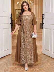 SHEIN Clasi 大尺碼女款刺繡方領短袖優雅1920年代休閒正式禮服婚禮金色夏季 - 杏色 - 查看 4