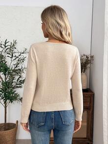 EMERY ROSE New Spring Fall Ivory Cable Diamond Weave Knit Top V Neck Long Sleeve Vintage Cottagecore Layering Blouse - Apricot - View 2