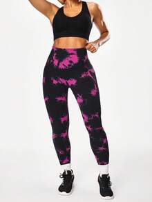 SHEIN Sports 女款全印花高腰休閒百搭日常穿著運動緊身內搭褲 - 中紫紅色 - 查看 4