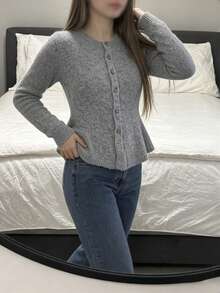 SHEIN PariChic Women's Solid Color Long Sleeve Single-Breasted Casual Knit Cardigan - Grey - View 5