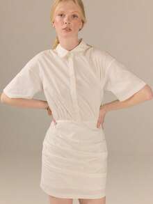 KÆRIA Hus Side Ruched Mini Shirt Dress - Cotton Comfort Stretch - Off-White - Office Brunch, Casual French Minimalist, Everyday Summer - White - View 8