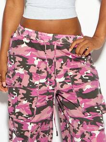 SUMWON WOMEN Wide Leg Cargo Pants With Pink Camouflage Print Low Rise Drawstring Waist Multi Pocket Utility Style Full Length - Purple - View 5