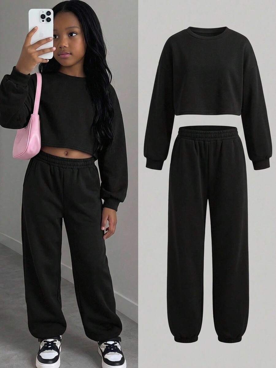 SHEIN 2 件套 Tween 女童宽松复古短款圆领运动衫和纯色运动裤套装 - 黑色 - 查看 1