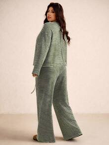 Elaquor Conjunto de 2 piezas de top de manga larga holgado y pantalones de talla grande informal - Verde - Ver 2