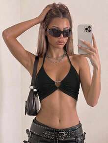 SHEIN ICON Heart Ring Linked Tie Backless Halter Top - Black - View 1