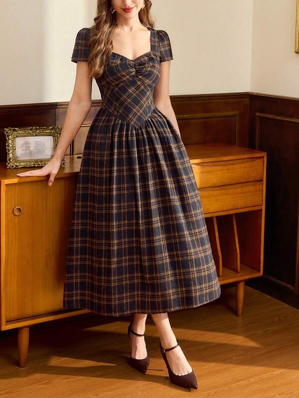 Vintamour Vintage Elegant Women's Plaid Ruched Heart Neckline Dress With Pockets, Casual Commute Vacation Holiday Dress