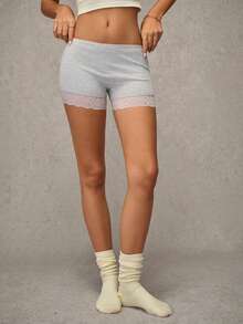 Esseday Grey High Elastic Lace Patchwork Casual Daily Minimalist Comfortable Women's Safety Shorts - Light Grey - View 4