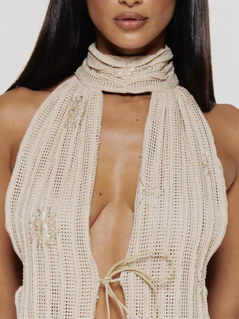 Beige Asymmetric Metallic-Knit Halter Vest With Integrated Scarf Detail