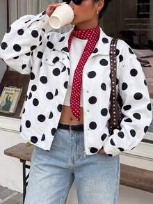 GalTyme Autumn Polka Dot Casual Versatile Commute Office Bussines Date Plus Size Jacket - Black and White - View 3