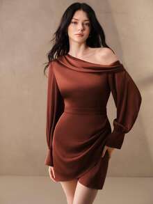 Anewsta Gaun Fashion Wanita Terbaru, Elegan, dengan Desain Lipit Bahu Asimetris, Cocok untuk Aktivitas Komuter Kelas Atas - Redwood - View 6